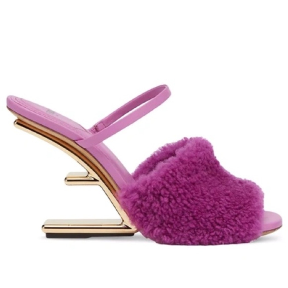 Fendi Shearling Fur Fendi First Metallic Heel Sandals